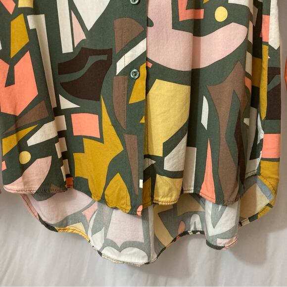 ❤️5/$25 SALE Big Dart Brown Orange Yellow Abstract Button Long Sleeve Blouse Top - Picture 4 of 9